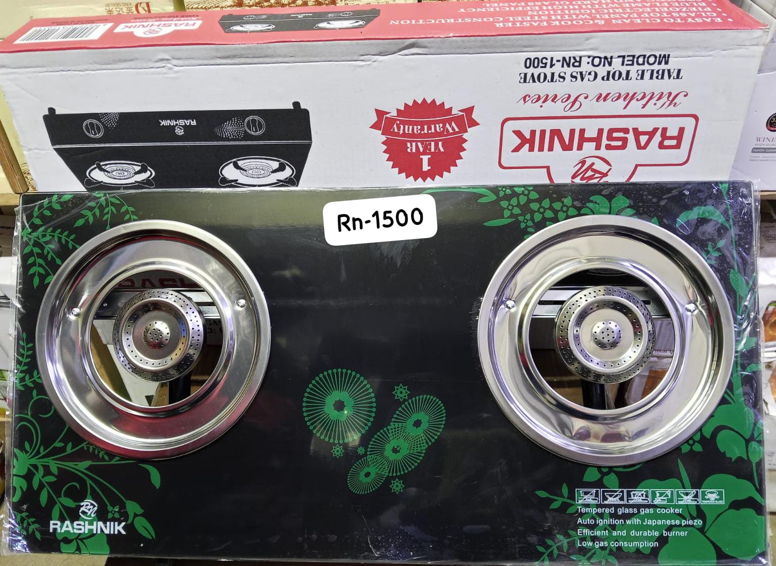 Rashnik RH-1500 2-Burner Tempered Glass Gas Stove.