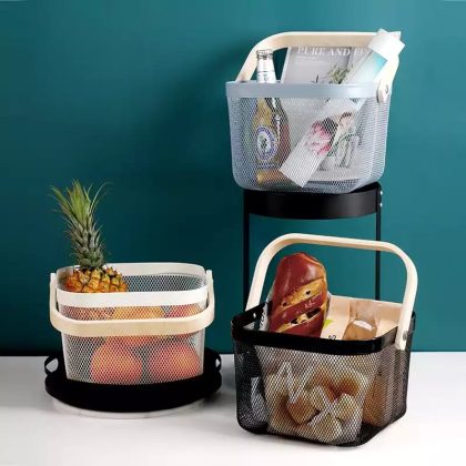 High quality Portable mesh wire fruit/ storage basket with wooden handles