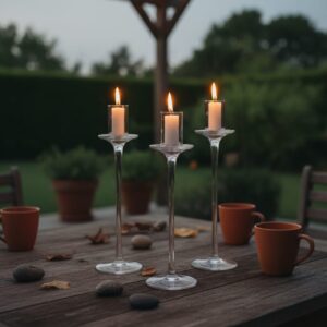 A set of 3pcs Candle Holders Tall , size 20 23 25 , material Glass