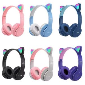 Kids P47 Wireless Headphones with a distinctive cat ear design with RGB LED lighting