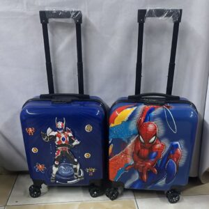 Kids’ hard-shell suitcase design, lightweight with wheels and pull handle.