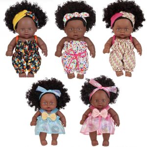 realistic baby doll with curly afro black hair and dark skin tones