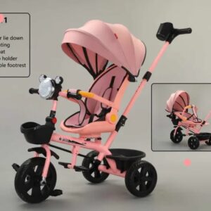 Multi-function children's tricycle stroller with a swivel seat, canopy, lighting, and a parent push handle